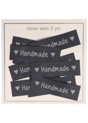 Woven labels, one sided- grey - 50 mm x 15 mm - 10 pcs - "handmade with hearts"