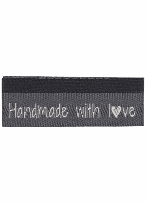 Woven labels, double sided - grey - folded - 50 x 11,5 mm -  pcs/10 - "Handmade with love"