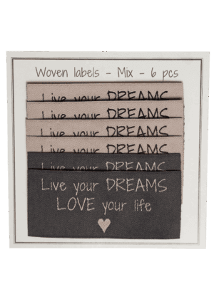 Woven labels, one sided - 65 mm x 30 mm - Mix - 6 pcs - "Live your dreams"