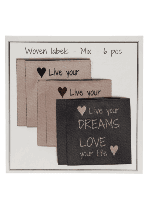 Woven labels, one sided - 40 mm x 40 mm - Mix - 6 pcs - "Live your dreams"