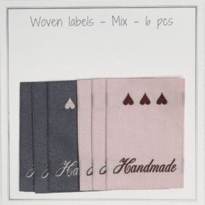 Woven labels, one sided - 32 mm x 45 mm - Mix - 6 pcs - "Handmade" + Hearts