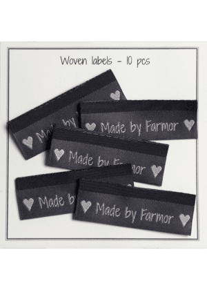 Woven labels, double sided - grey - folded - 50 x 11,5 mm -  pcs/10 - "Made by Farmor"