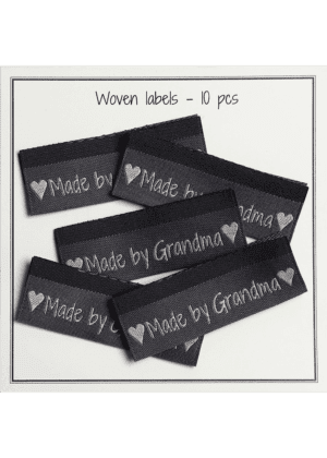 Woven labels, double sided - grey - folded - 50 x 11,5 mm - pcs/10 - "Made by Grandma"