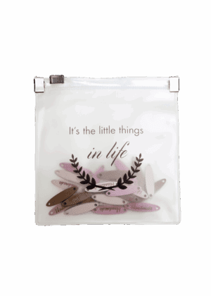 24- pieces, wooden charm set - small/grey zipper bag - 'It's the little things in  life'