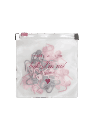45- pieces Stitch marker set - pink zipper bag - 'I could give up yarn but I'm not a quitter'