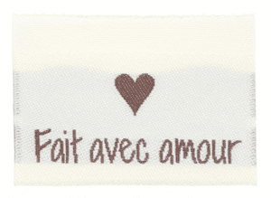 Woven labels, double sided - folded 35 x 19 mm - 10 pcs. - "fait avec amour"