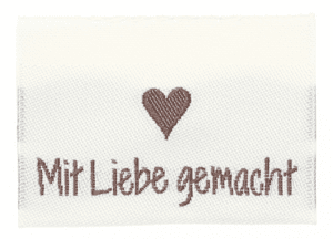 Woven labels, double sided - folded 35 x 19 mm - 10 pcs. - "mit liebe gemacht"
